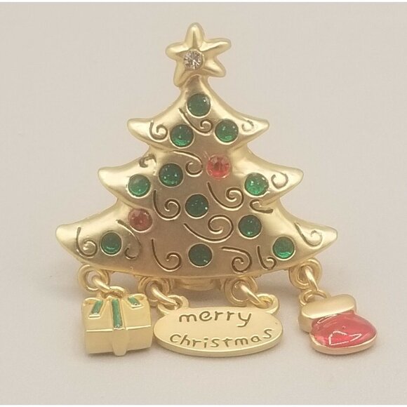 Christmas Tree Brooch Pin Dangling Charms Gold Tone Red Green Present Stocking - Picture 4 of 4